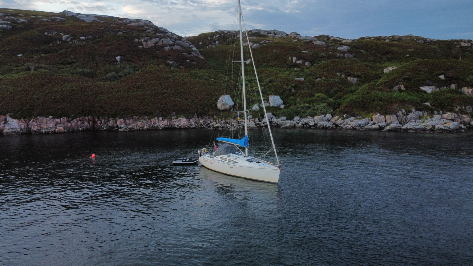 Nimrod anchored in a sheltered Scottish bay